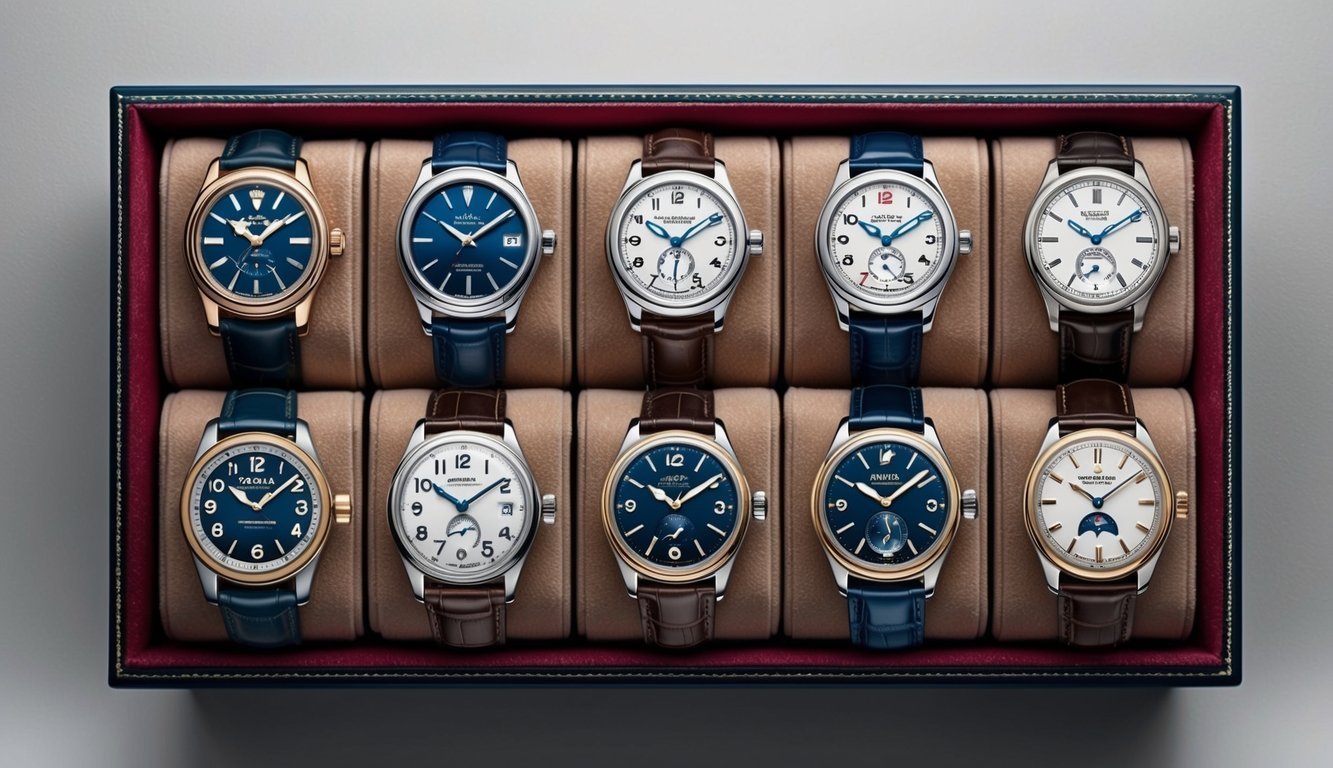 Ten luxury watches with blue and white faces in a display case