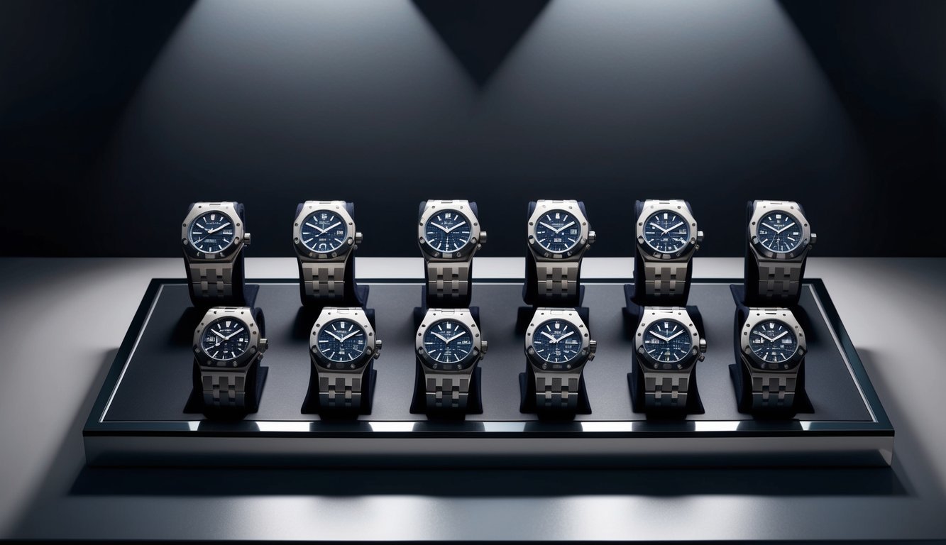 A display of 10 Audemars Piguet Royal Oak watches arranged on a sleek, modern surface with dramatic lighting to showcase their horological craftsmanship