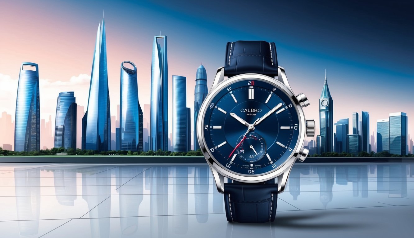 Blue wristwatch with a city skyline background
