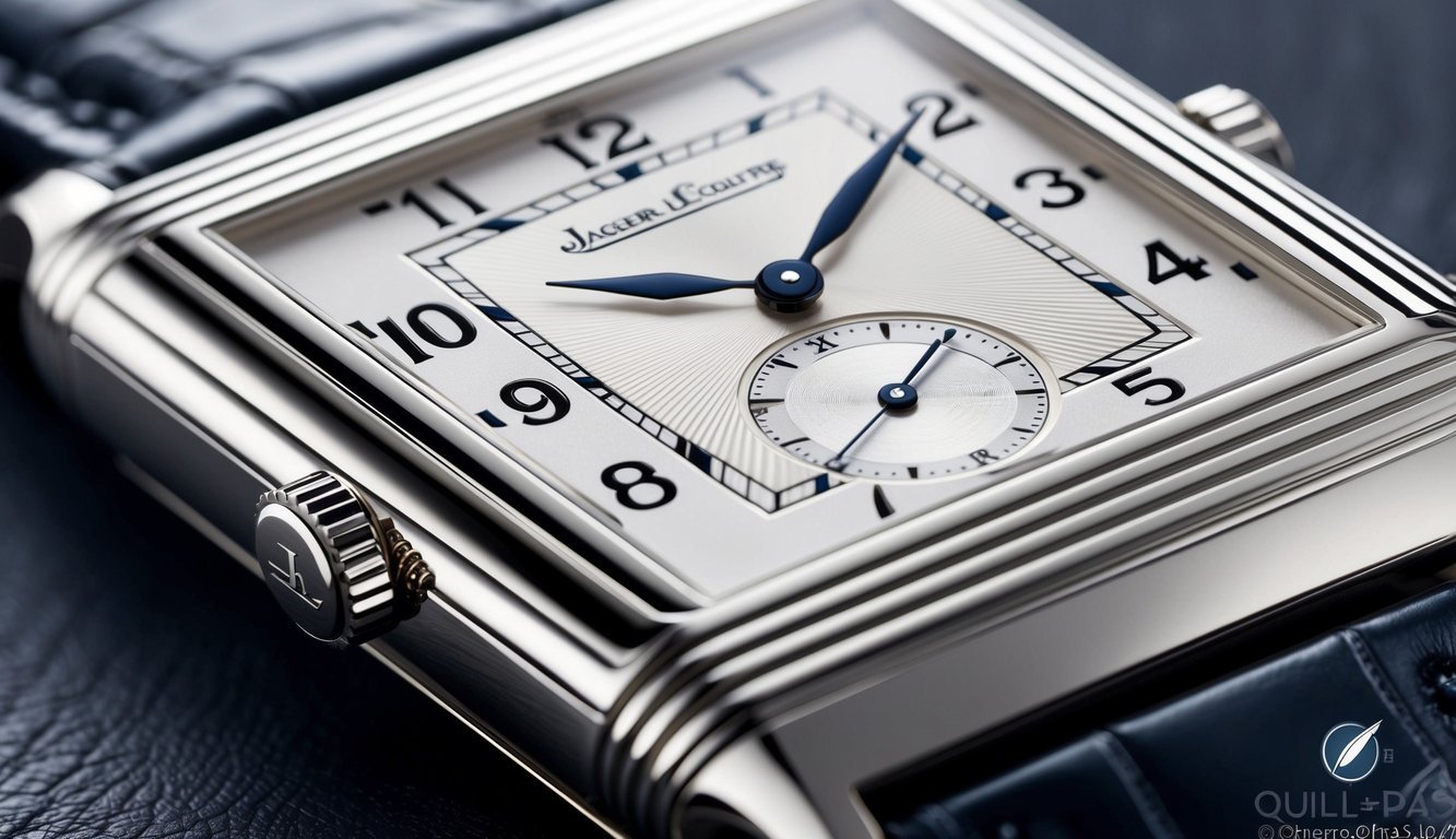 A close-up of the Jaeger-LeCoultre Reverso watch, showcasing its intricate design and craftsmanship, with emphasis on its iconic rectangular case and reversible feature