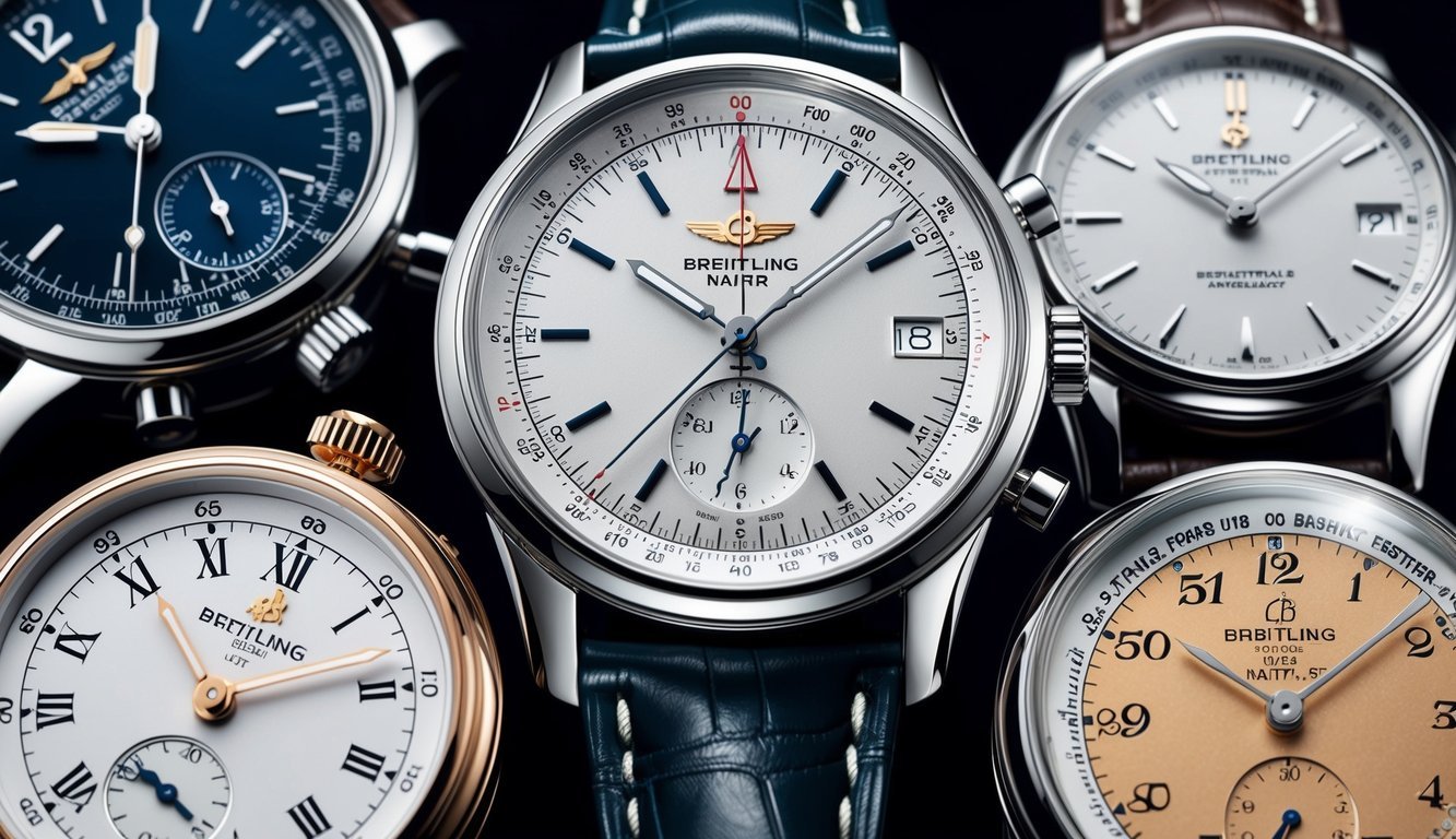 A close-up view of the iconic Breitling Navitimer watch, surrounded by other legendary timepieces, showcasing the craftsmanship and precision of horology