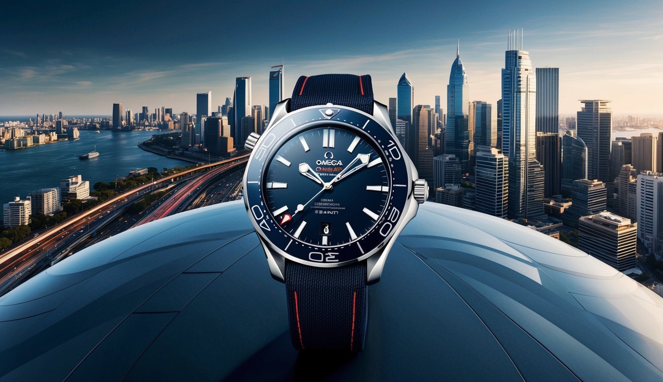 A sleek Omega Seamaster watch resting on a modern city skyline backdrop with bustling streets and skyscrapers