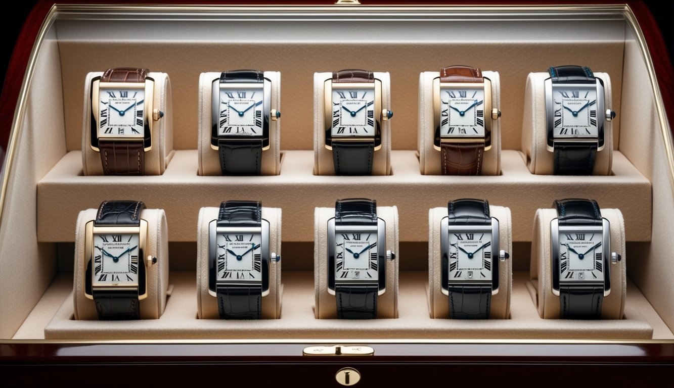 A display case with 10 Cartier Tank watches, each representing a different era and style of horological craftsmanship
