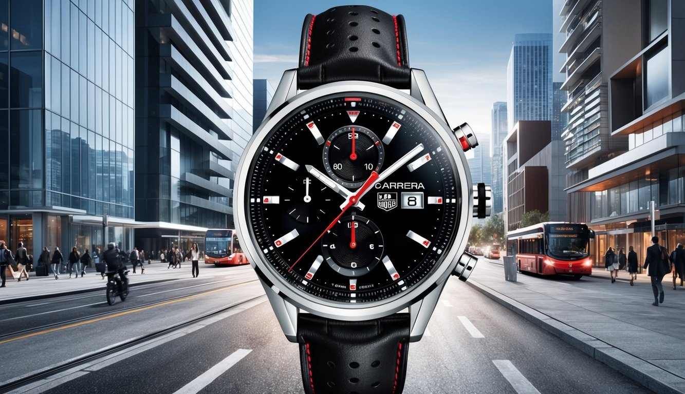 A sleek Tag Heuer Carrera watch displayed against a backdrop of urban cityscape with modern buildings and bustling streets