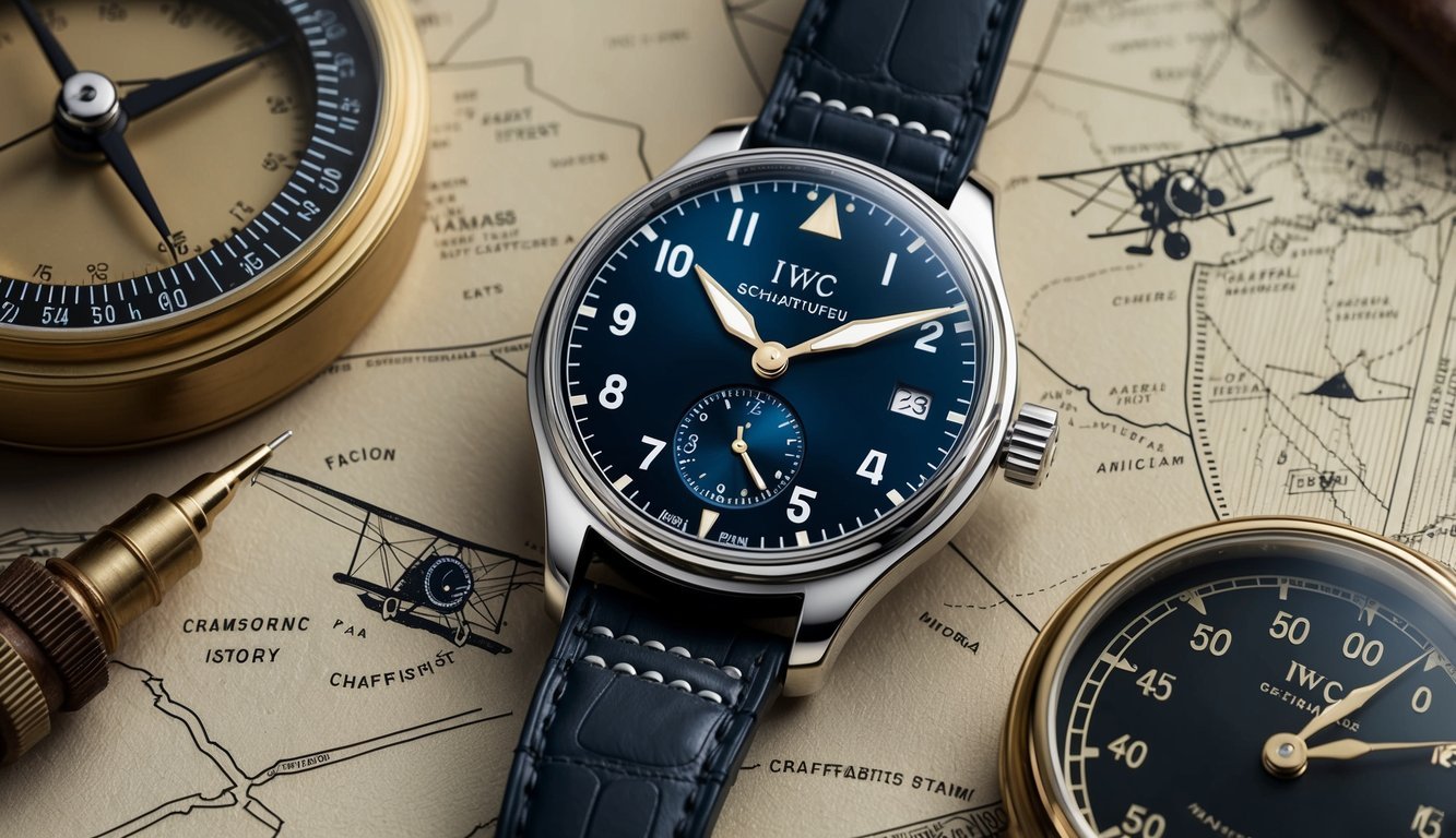 A close-up of the IWC Schaffhausen Pilot's Watch, surrounded by vintage aviation instruments and maps, evoking a sense of history and craftsmanship
