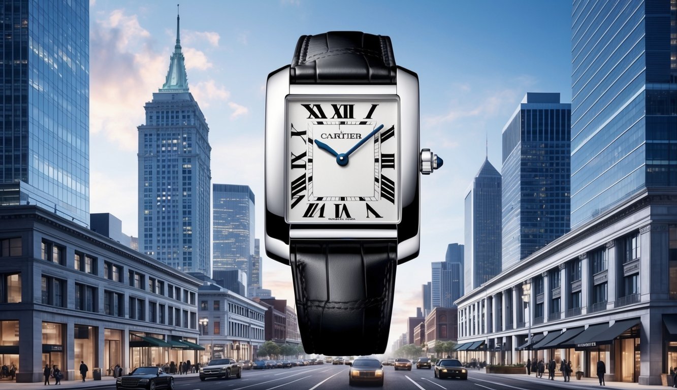A sleek Cartier Tank watch displayed on a modern cityscape backdrop with skyscrapers and bustling streets below