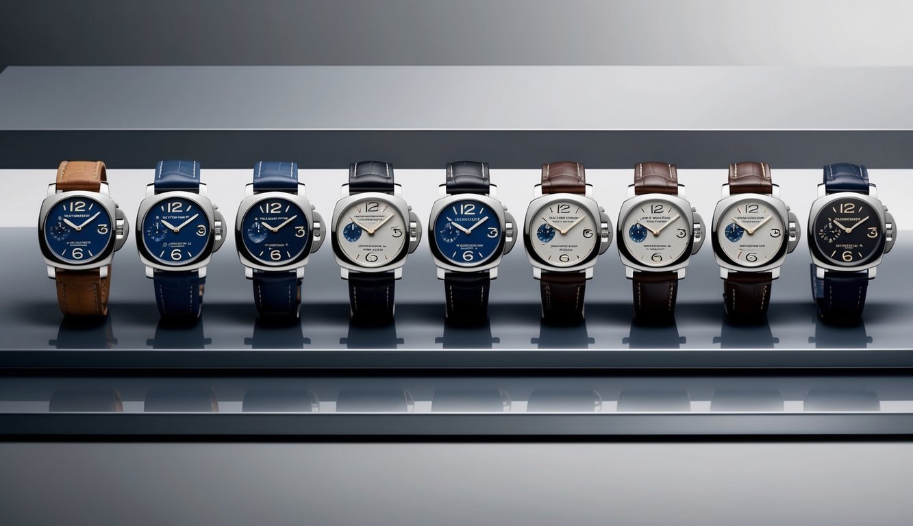 A lineup of ten Panerai Luminor watches, each showcasing unique design elements and exquisite craftsmanship, displayed on a sleek, minimalist surface