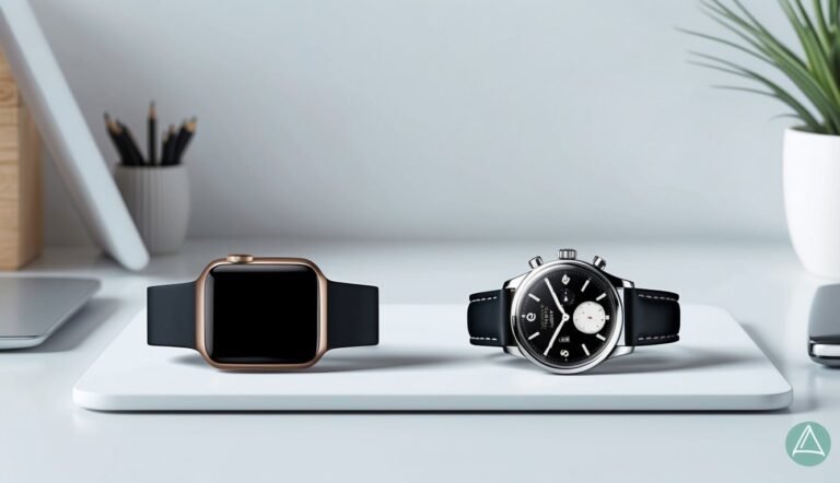Apple Watch and classic wristwatch side-by-side on a white surface