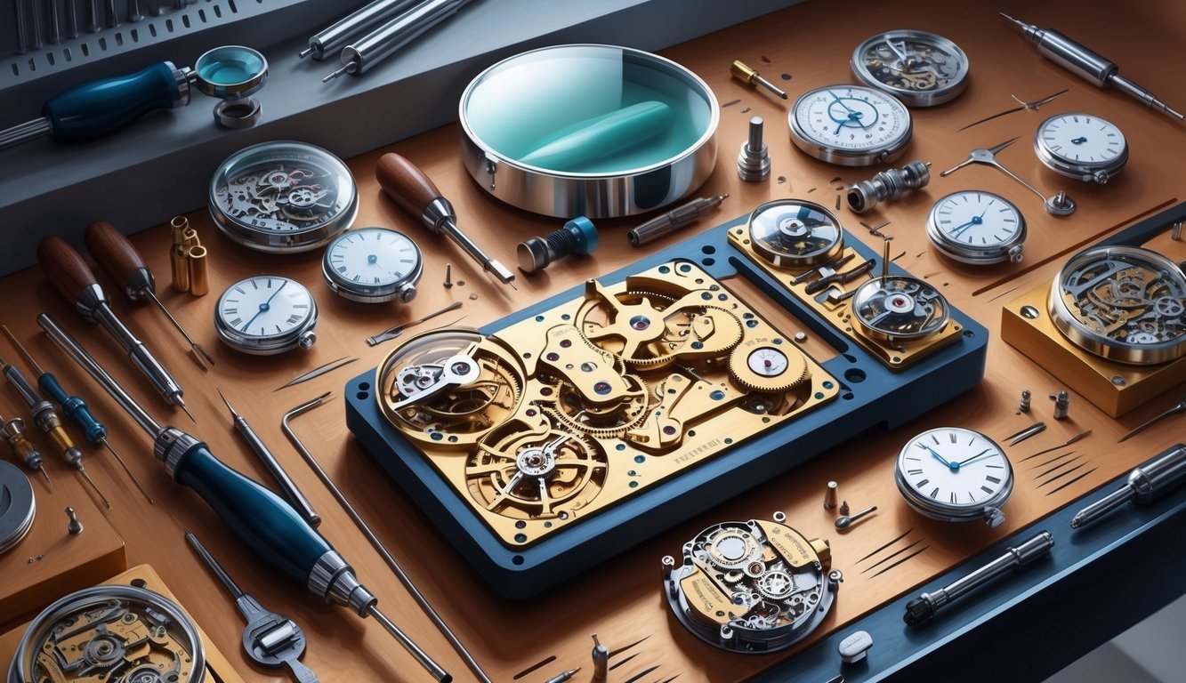 A workbench with precision tools and magnifying glasses, surrounded by intricate mechanical watch movements and delicate dials