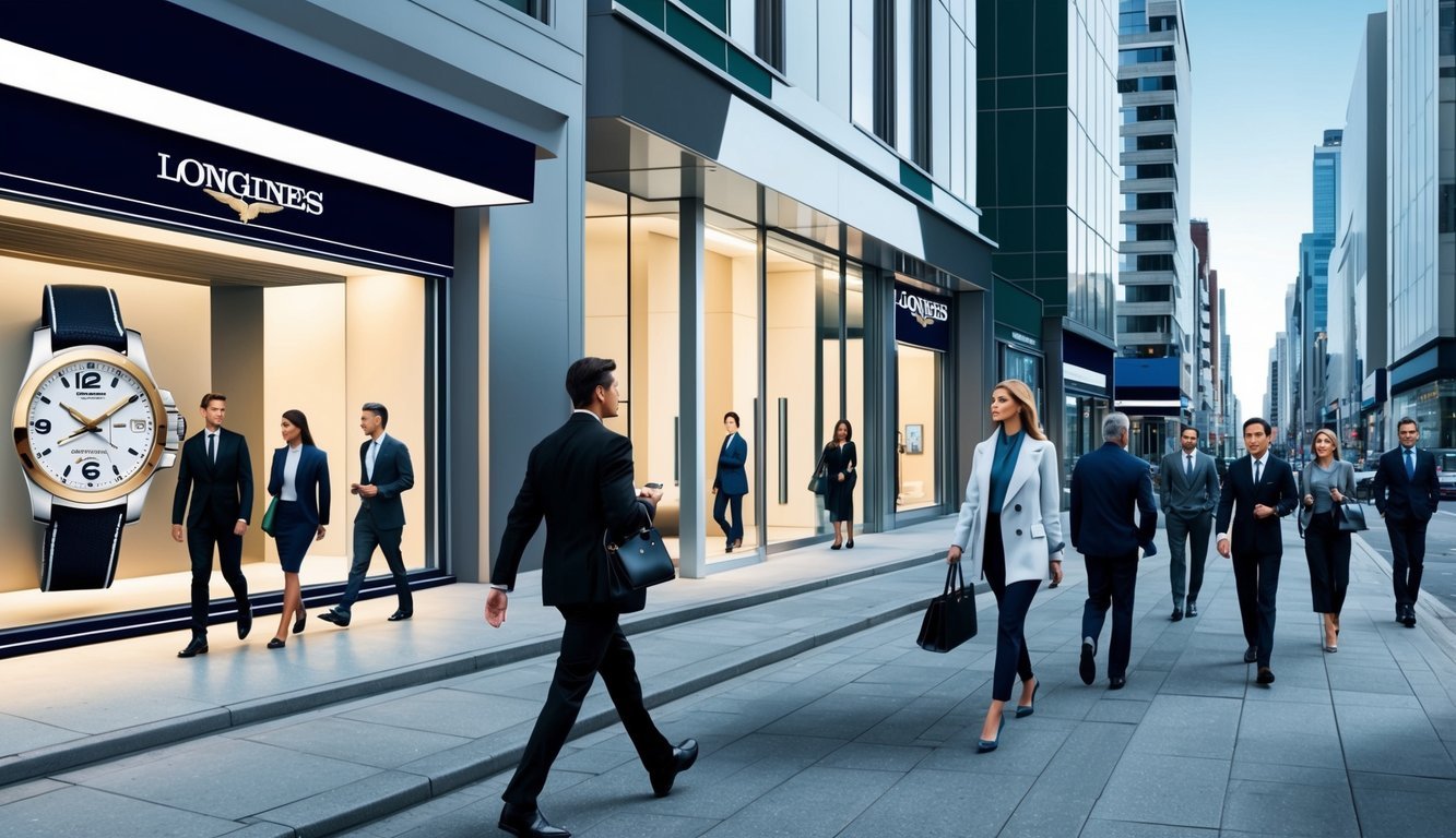 A bustling city street with sleek, modern buildings and stylish individuals walking by, with a Longines Conquest watch prominently displayed in a storefront window