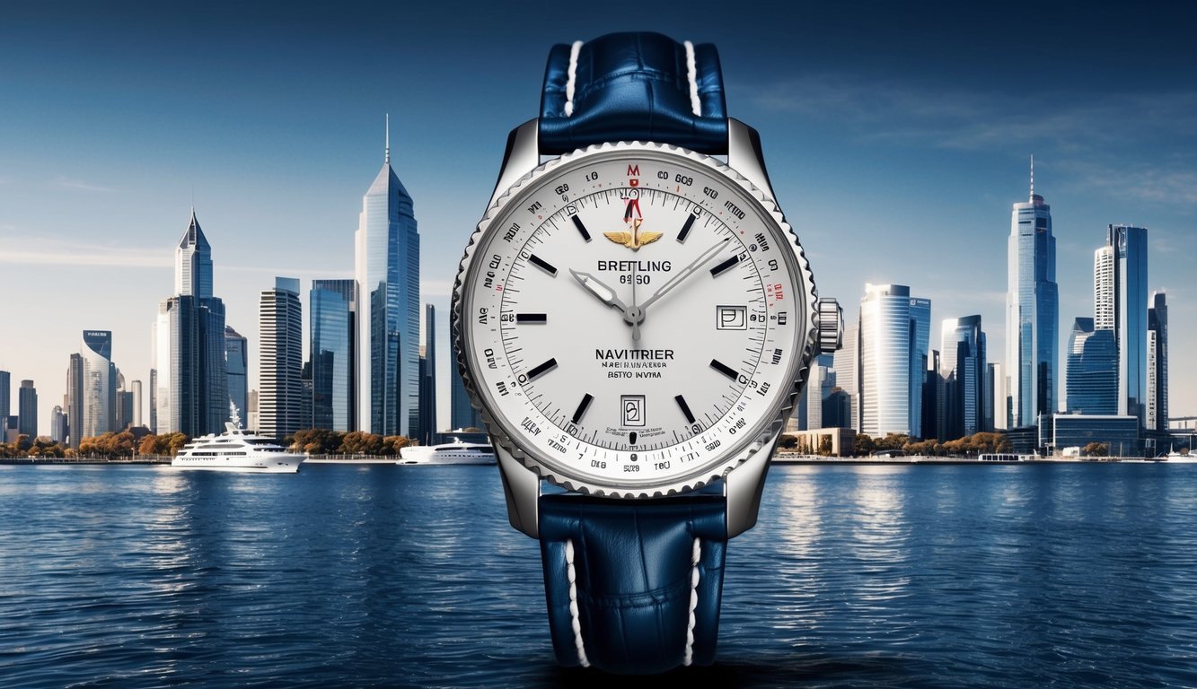 A sleek Breitling Navitimer watch displayed against a backdrop of a modern city skyline, capturing the essence of stylish city living