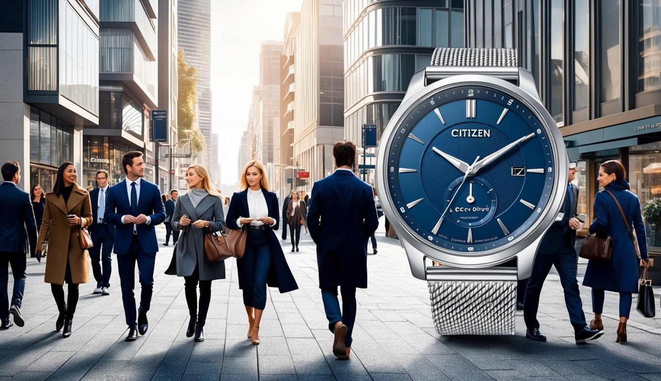 A bustling city street with modern architecture and stylishly dressed pedestrians, with a focus on a sleek and sophisticated Citizen Eco-Drive watch on a wrist