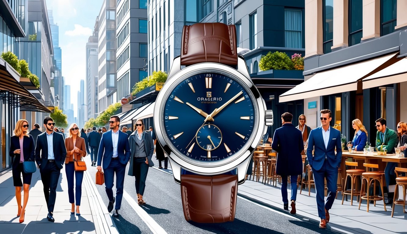 A bustling city street with modern buildings, stylish cafes, and fashionable people walking by, with a sleek and sophisticated watch as the focal point