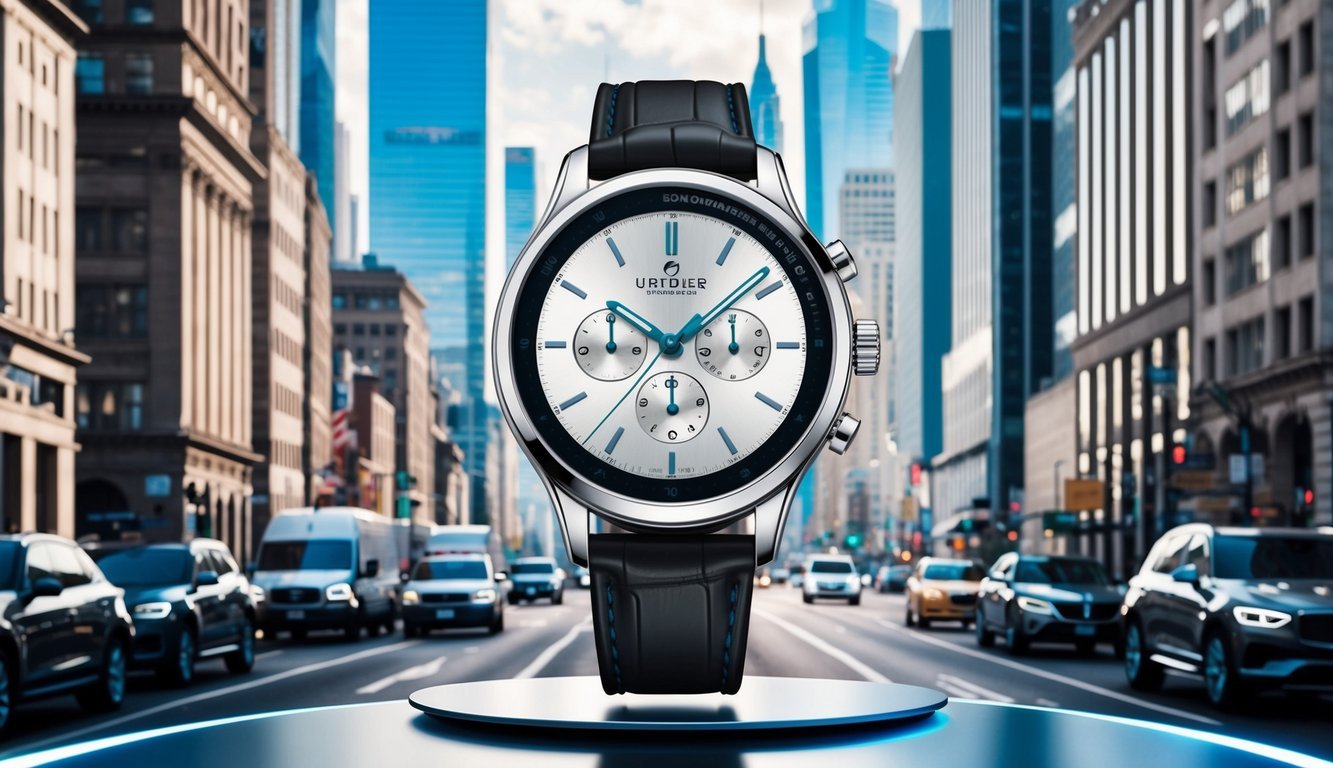 A bustling city street with skyscrapers in the background, showcasing a stylish watch on a sleek, modern display