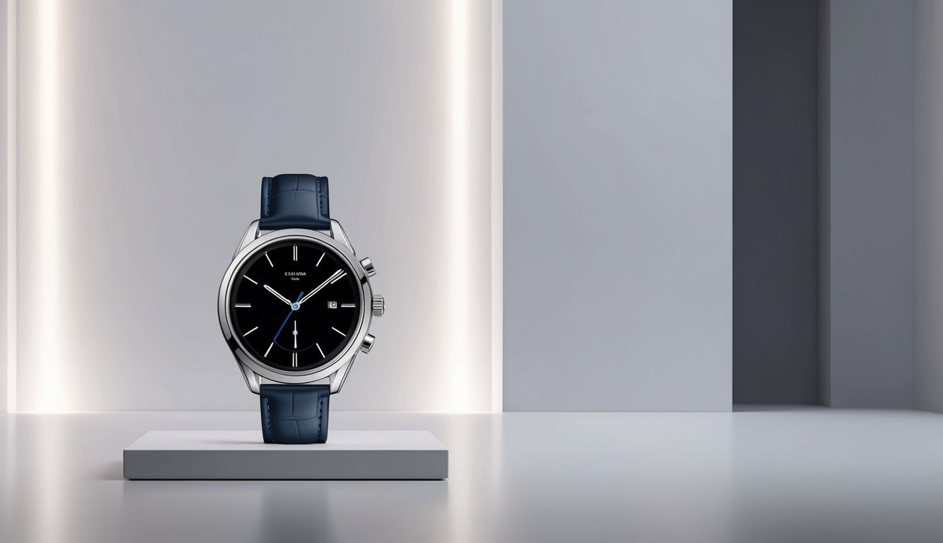 Silver wristwatch with a black face and blue leather band on a pedestal