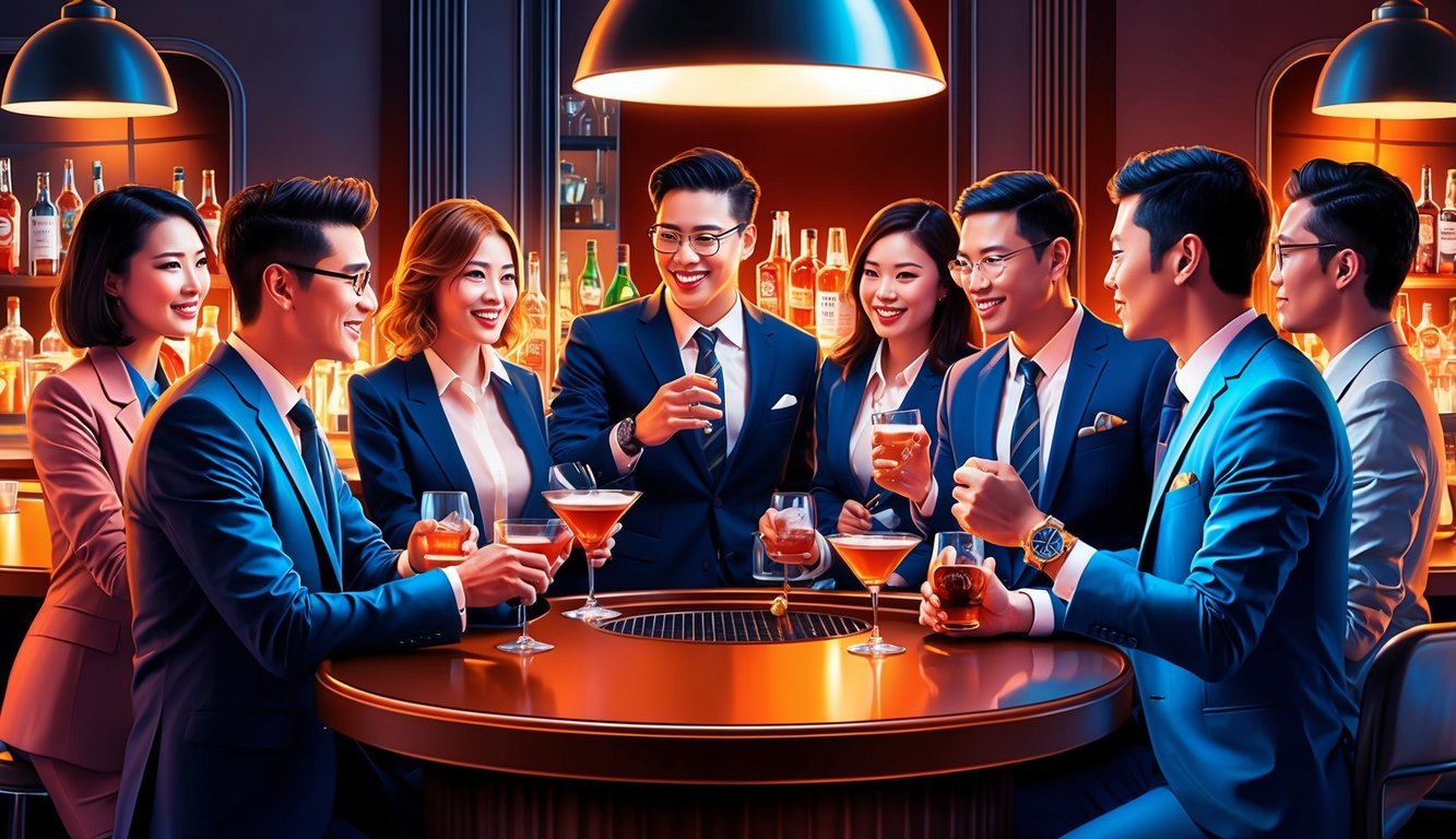 A group of young professionals gather at a stylish cocktail bar, their Seiko Presage watches catching the warm glow of the room's lighting