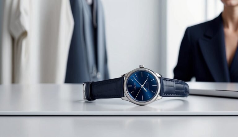 Blue-faced wristwatch on a white table with a woman in a blazer