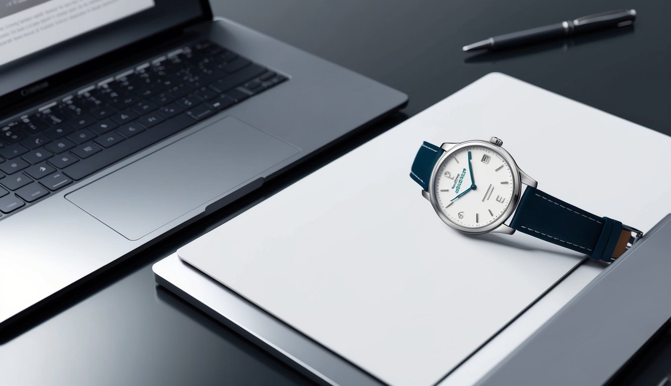 A sleek, modern office desk with a laptop, pen, and a Citizen Eco-Drive Chandler watch placed strategically, reflecting sophistication and professionalism