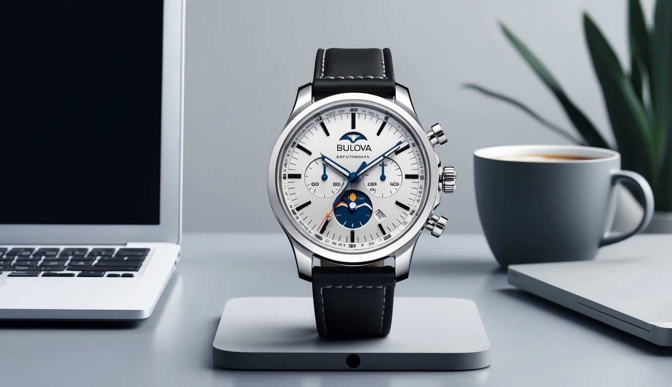 A sleek Bulova Lunar Pilot Chronograph watch displayed on a modern desk with a laptop and a cup of coffee, surrounded by a minimalist office setting