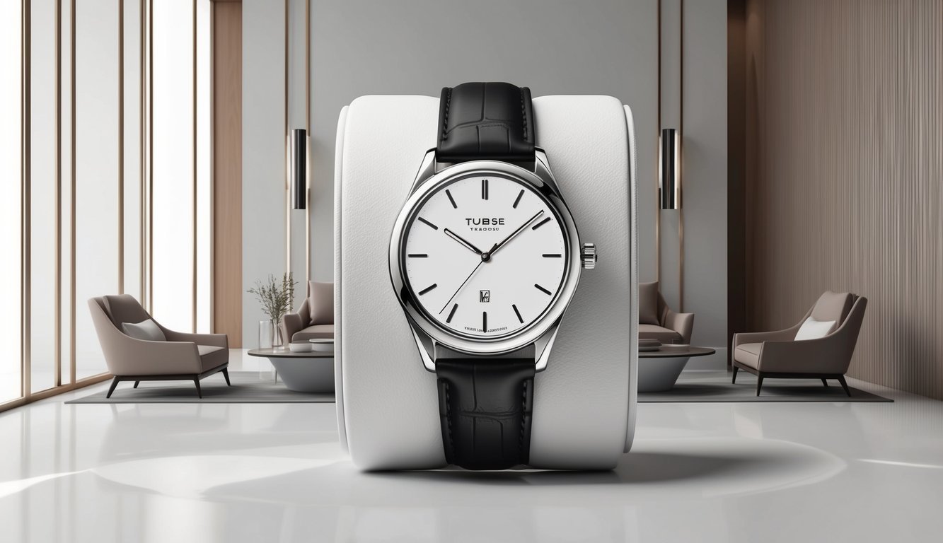 A sleek, modern watch displayed on a minimalist, upscale background