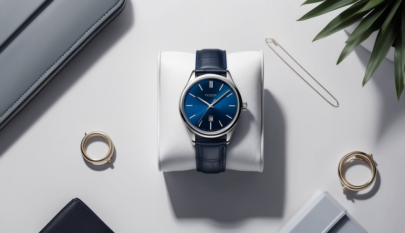 A sleek, modern watch displayed on a clean, minimalist background, surrounded by subtle luxury accessories