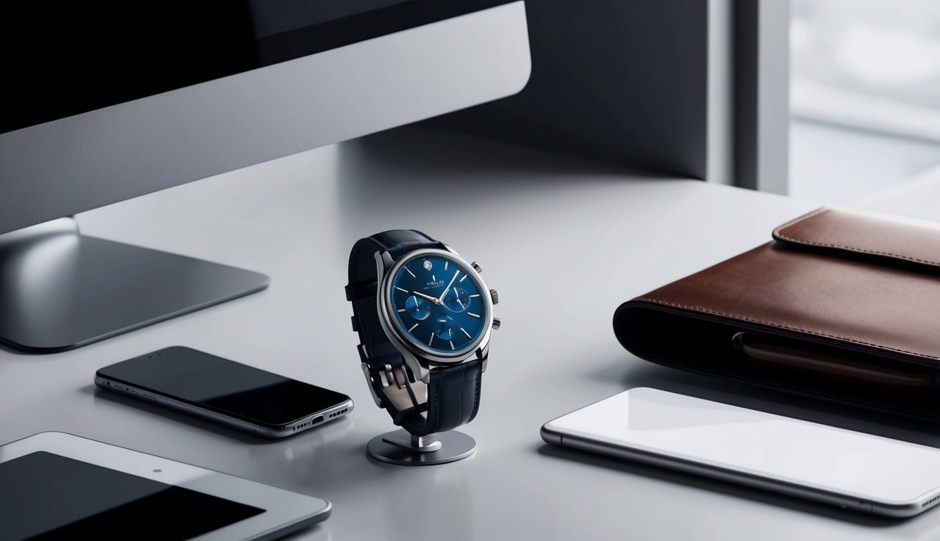 A sleek luxury watch displayed on a minimalist, modern desk with a leather briefcase and a smartphone nearby