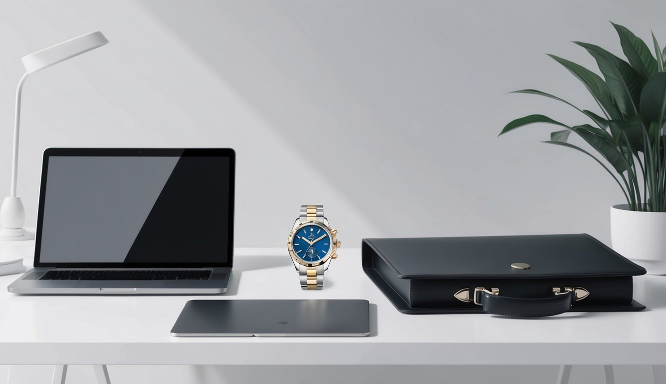 A sleek luxury watch next to a modern laptop and a stylish briefcase on a clean, minimalist desk