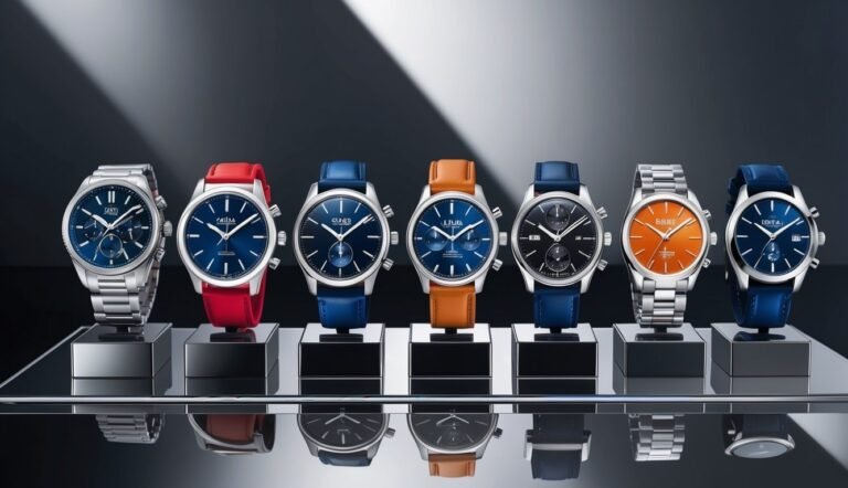 Seven luxury watches with different colored straps and faces on display