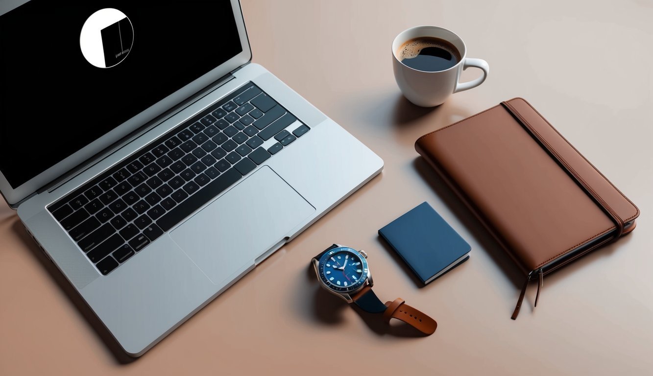 A sleek desk with a laptop, leather notebook, and a stylish watch displayed next to a cup of coffee