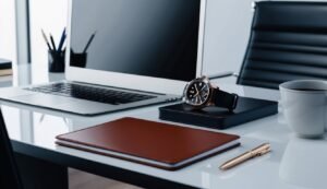 Laptop, watch, notebook, pen, and coffee cup on a white desk