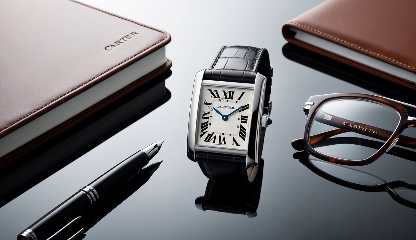 A sleek Cartier Tank watch rests on a polished desk beside a leather-bound planner and a pair of stylish glasses