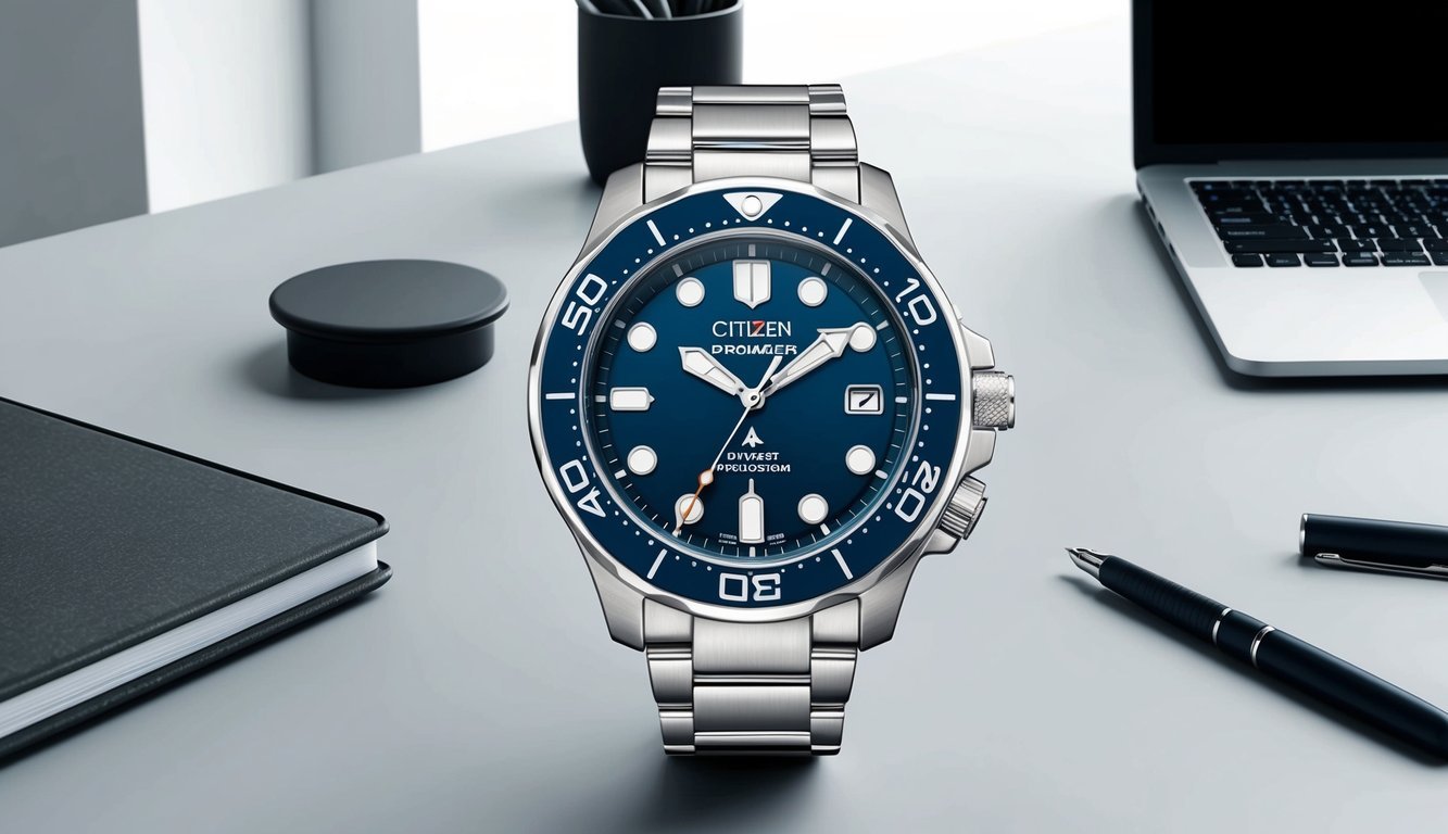 A sleek Citizen Promaster Diver watch displayed on a modern desk with a laptop, notebook, and pen, surrounded by a minimalist office setting