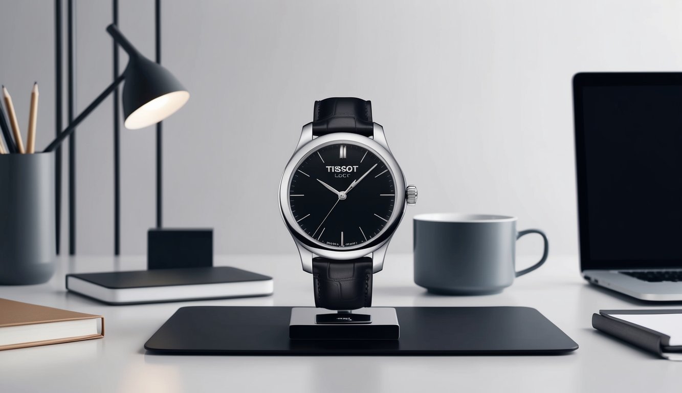 A sleek Tissot Le Locle watch displayed on a modern desk with a laptop and a cup of coffee, surrounded by minimalist office decor