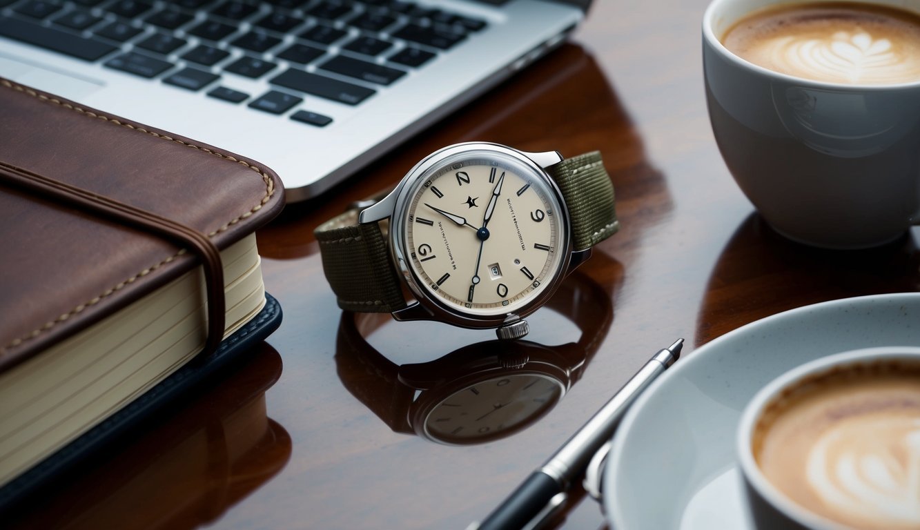 A sleek Hamilton Khaki Field Mechanical watch resting on a polished wooden desk, surrounded by a leather-bound notebook, a laptop, and a cup of coffee