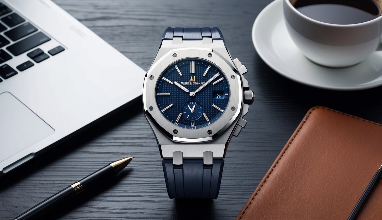 A sleek Audemars Piguet Royal Oak watch displayed on a modern desk with a laptop, leather notebook, and a cup of coffee