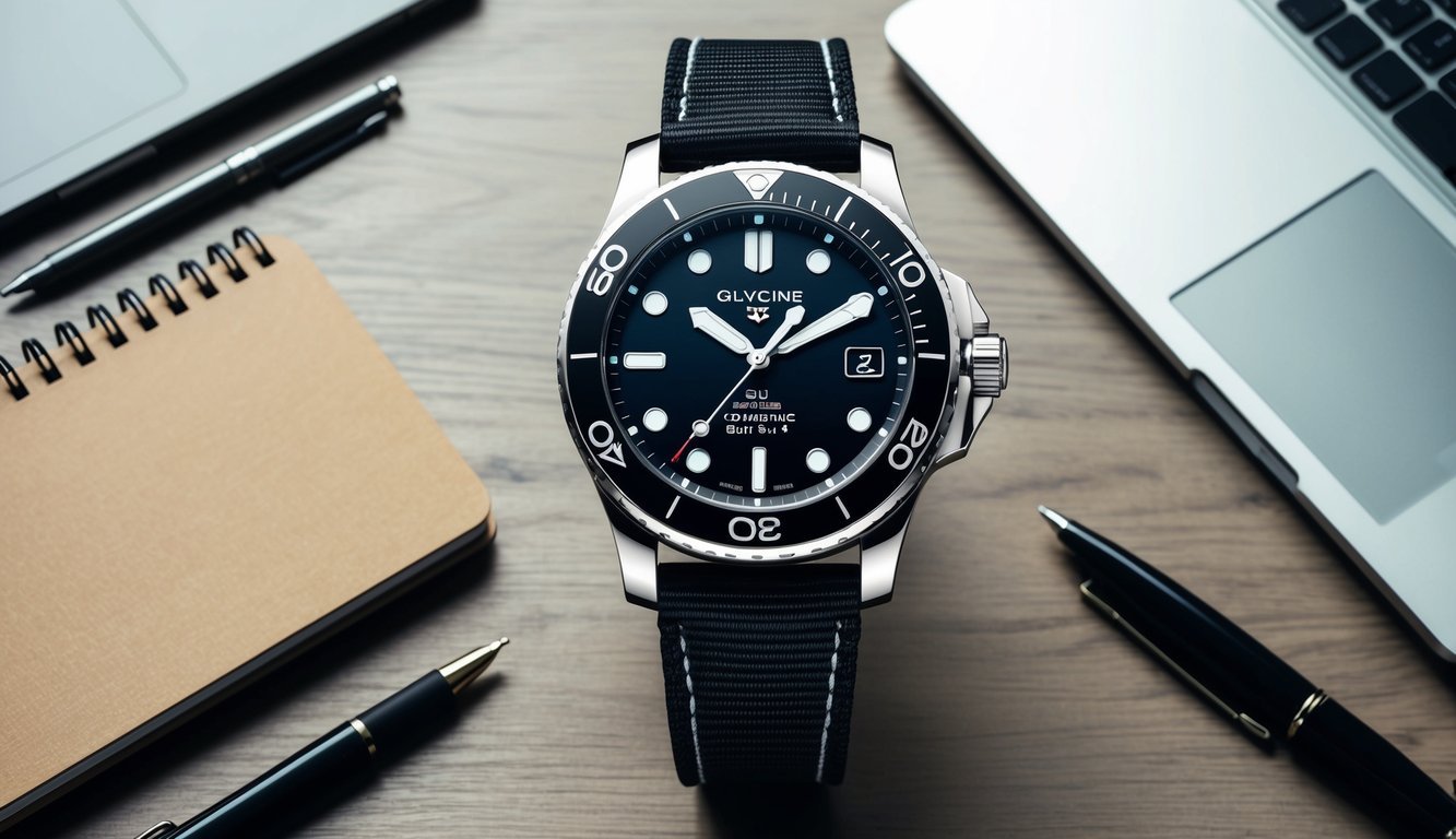 A sleek Glycine Combat Sub watch displayed on a modern desk with a laptop, notebook, and pen