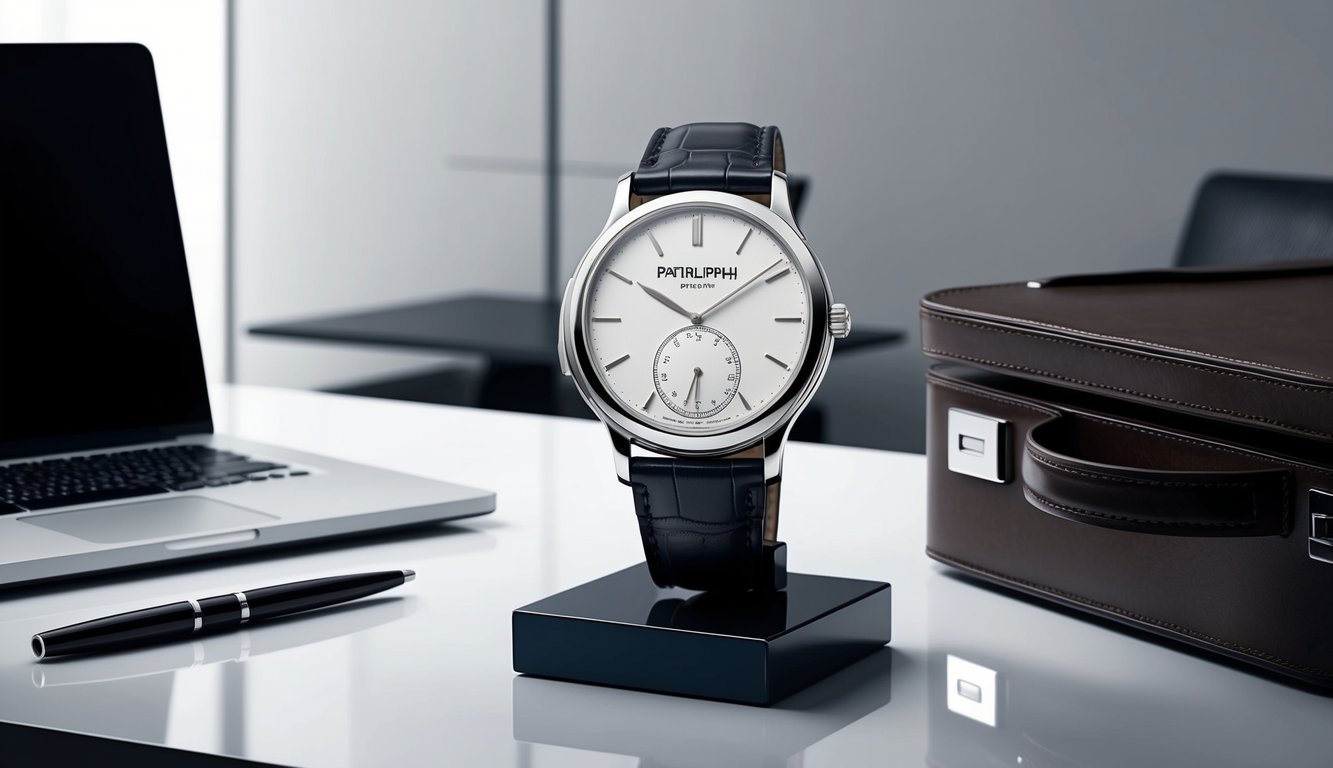 A sleek Patek Philippe Calatrava watch displayed on a modern desk with a laptop and a leather briefcase, surrounded by a minimalist and sophisticated office setting
