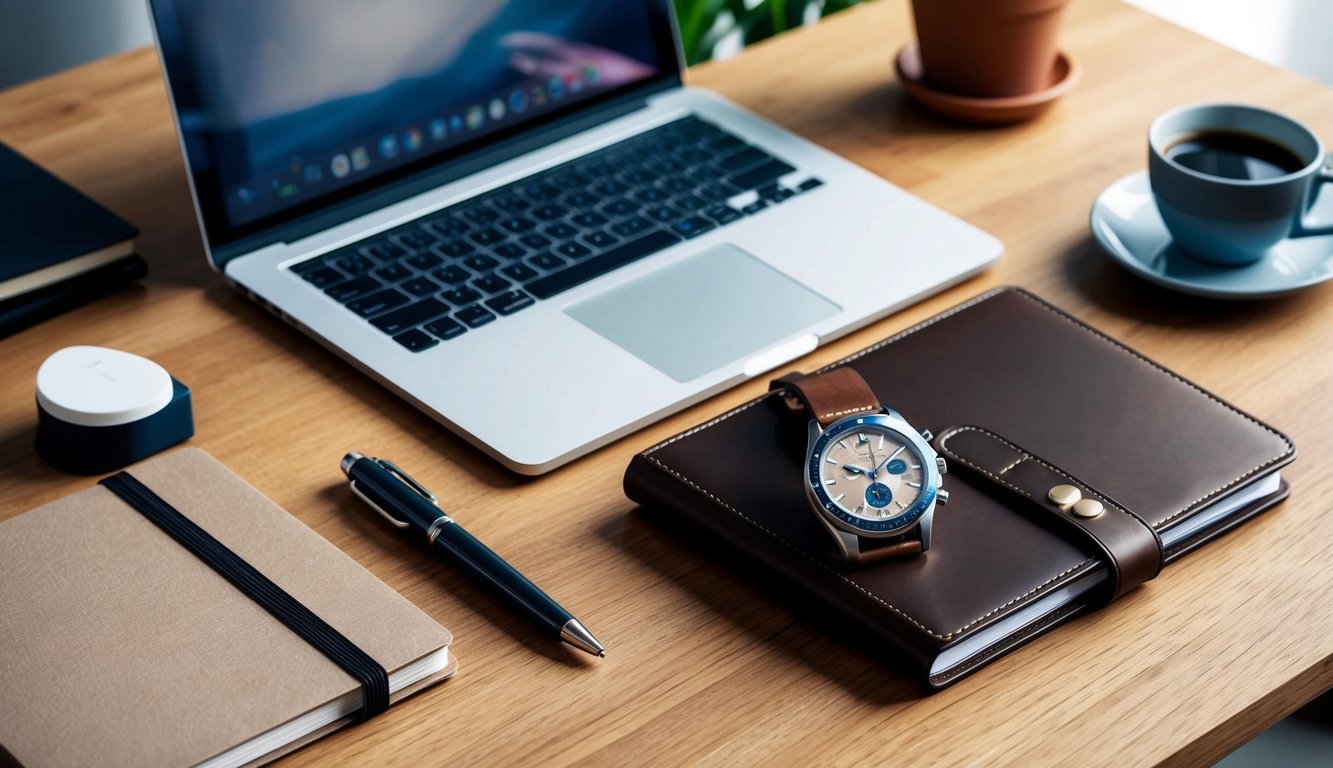 A stylish wristwatch displayed on a wooden desk next to a sleek laptop and a leather-bound planner, with a cup of coffee and a potted plant in the background