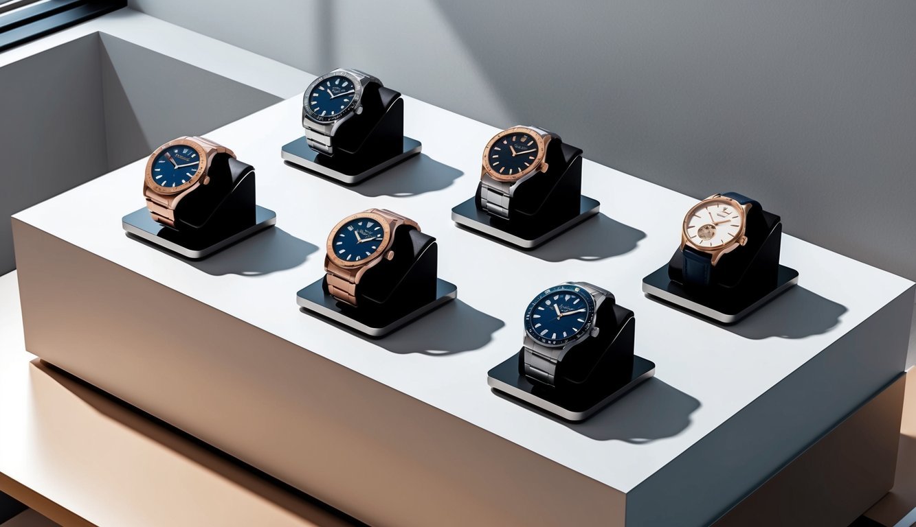 A sleek display of affordable watches arranged on a modern, minimalist tabletop