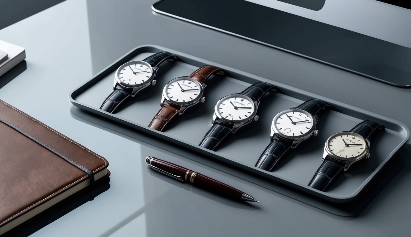 A collection of classic watches arranged on a sleek modern desk, with a leather-bound notebook and a pen nearby