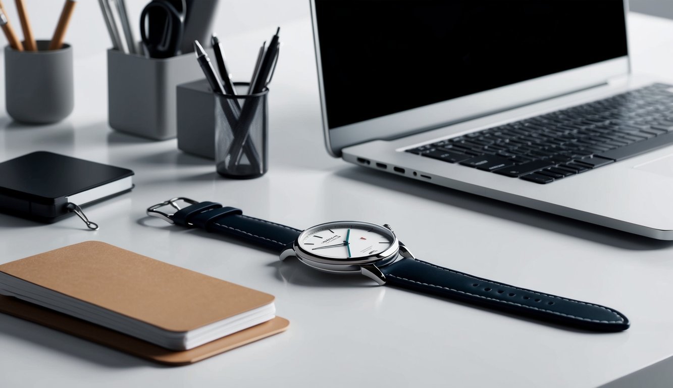 A sleek Stowa Antea 390 watch sits on a minimalist desk, surrounded by modern office supplies and a laptop, symbolizing the ambition and sophistication of young entrepreneurs