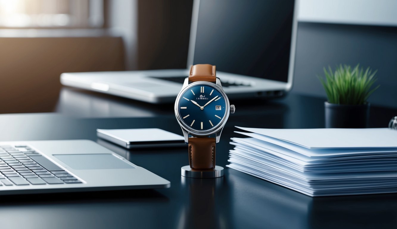 A sleek, modern office desk with a stylish, classic watch displayed prominently next to a laptop and a neatly organized stack of papers