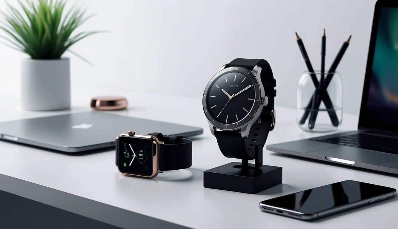 A sleek, modern watch displayed on a minimalist desk with a laptop, phone, and stylish accessories nearby