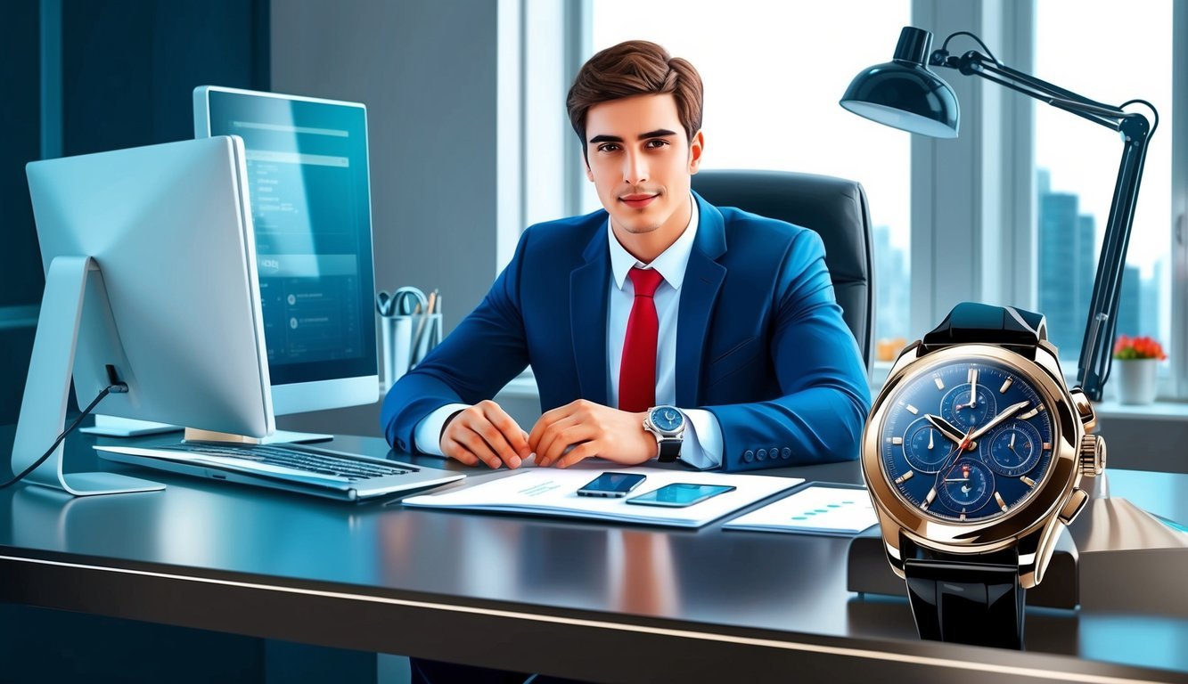 A young entrepreneur sits at a sleek desk, surrounded by modern technology.</p><p>On the desk, a stylish luxury watch catches the light, symbolizing success and ambition