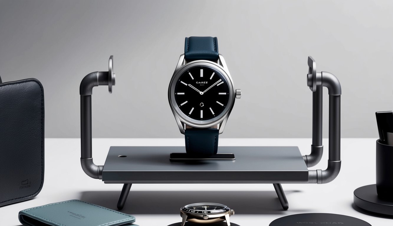 A sleek and modern watch displayed on a minimalist, industrial-style watch stand, surrounded by other stylish accessories