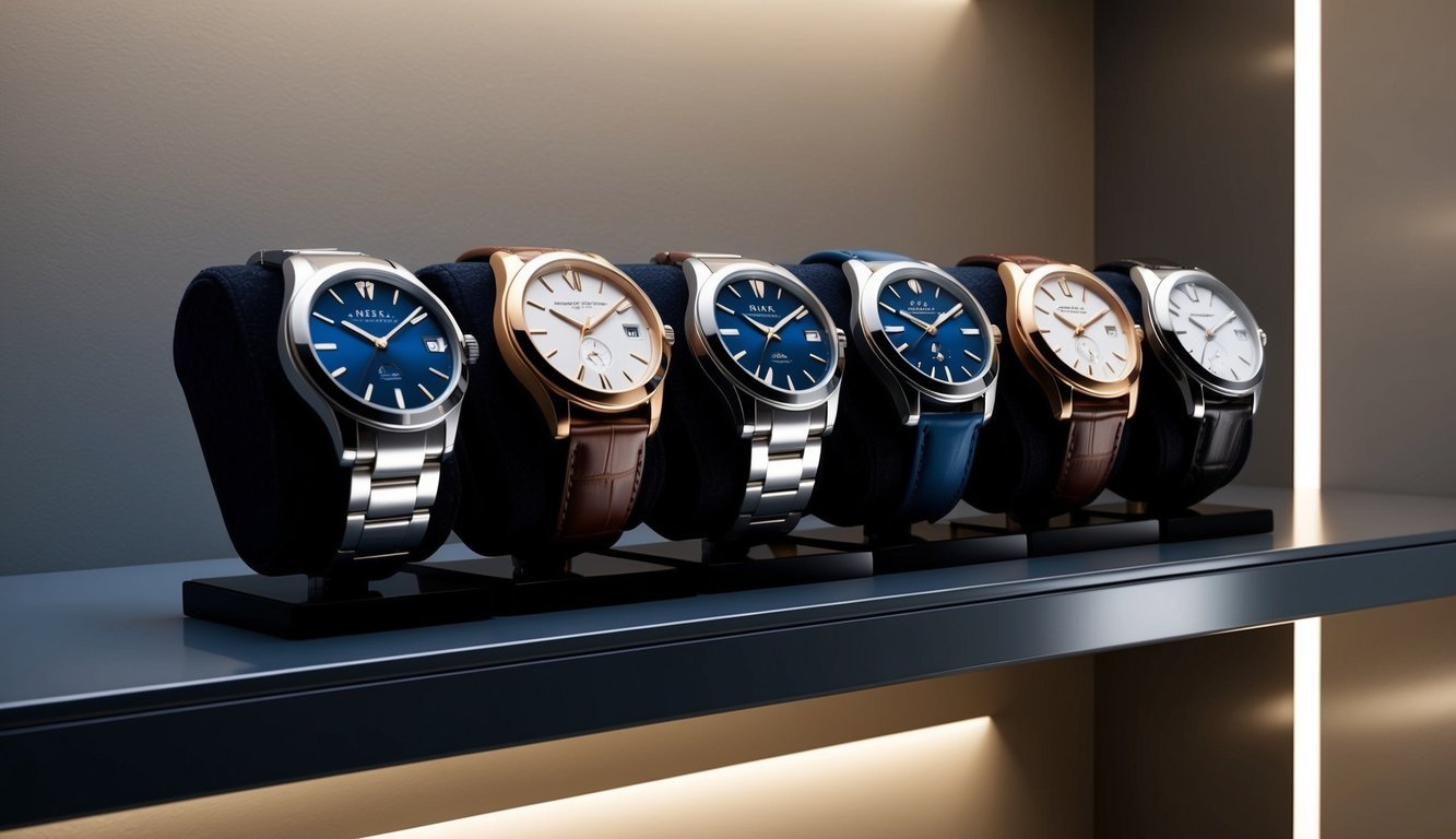 A collection of stylish watches displayed on a sleek, modern shelf, with soft lighting highlighting their details