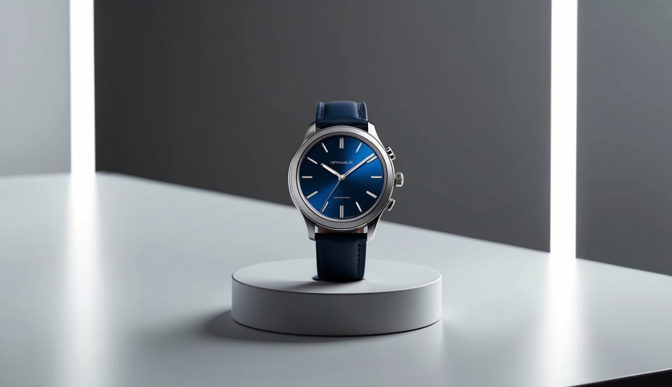 A sleek, modern watch displayed on a clean, minimalist surface with subtle lighting to enhance its stylish design