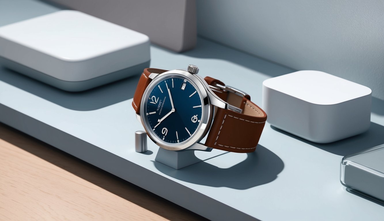 A stylish wristwatch displayed on a clean, modern surface with minimalist accessories nearby