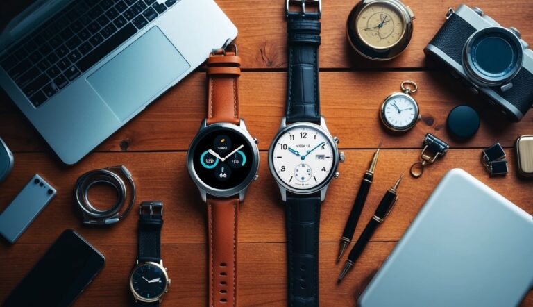 Two watches, laptop, camera, and other accessories on a wooden table