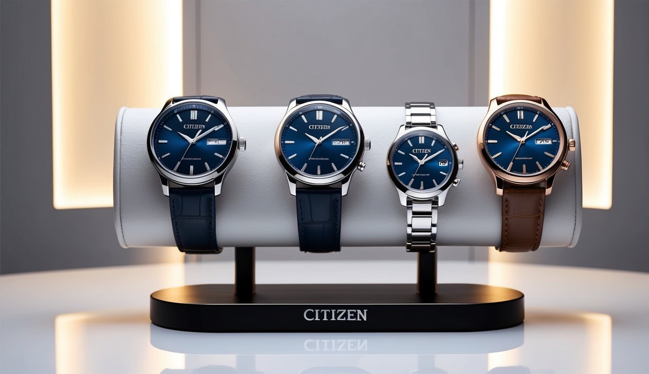 A collection of Citizen Eco-Drive watches displayed on a sleek, modern watch stand, with soft lighting highlighting their elegant designs